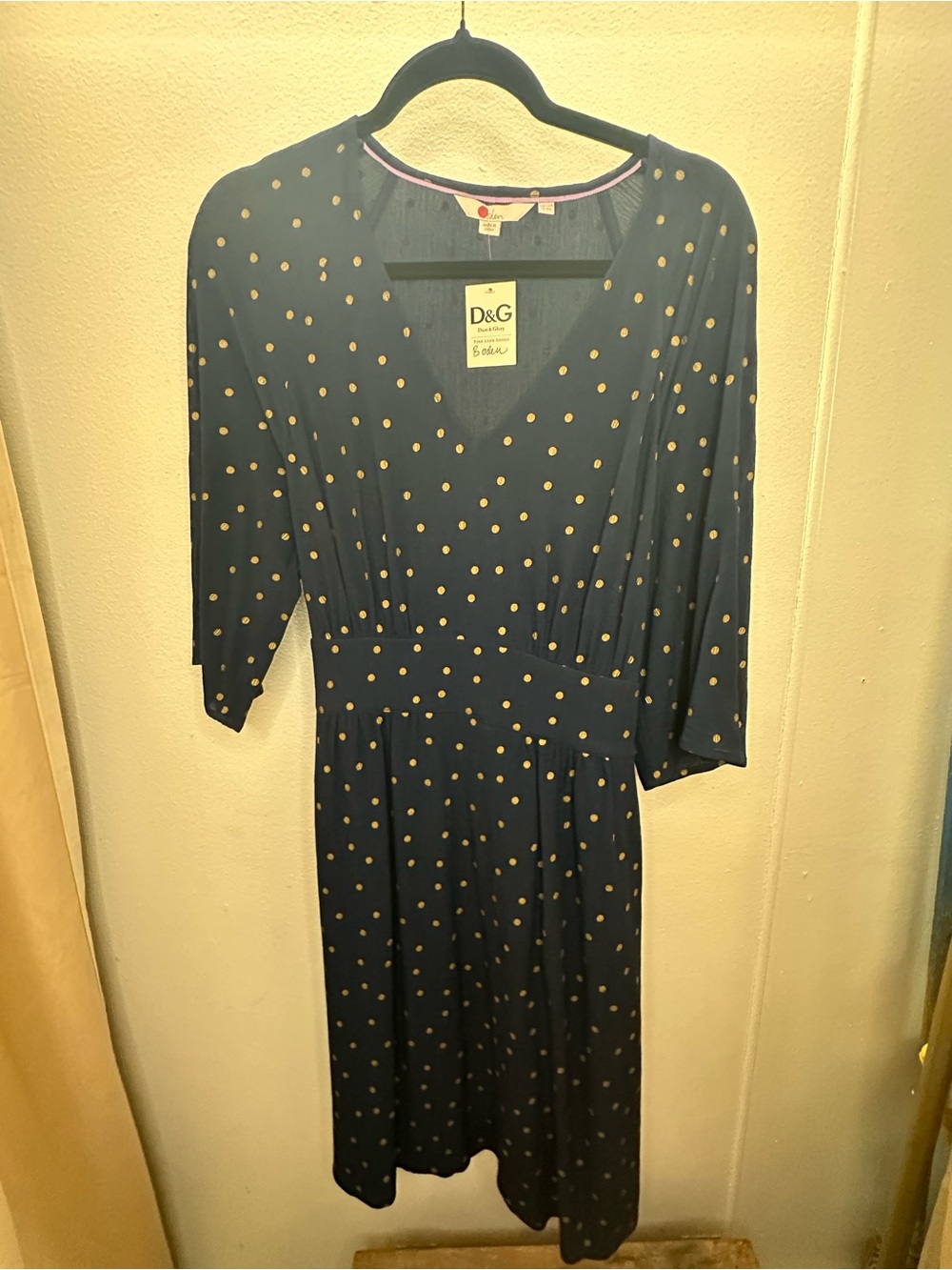 Boden Navy Midi Dress with Gold Polka Dots